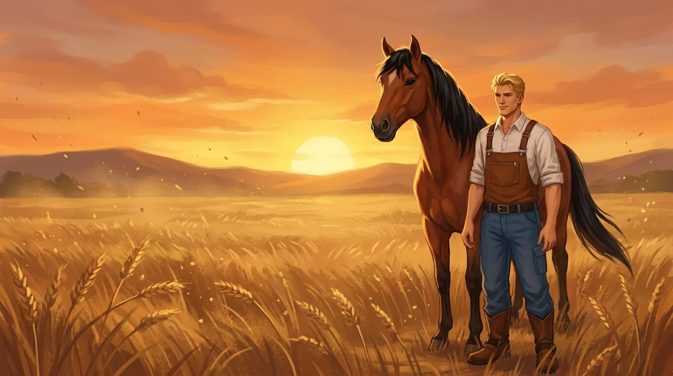 Jack stands with his horse Luna in a golden field at sunset
